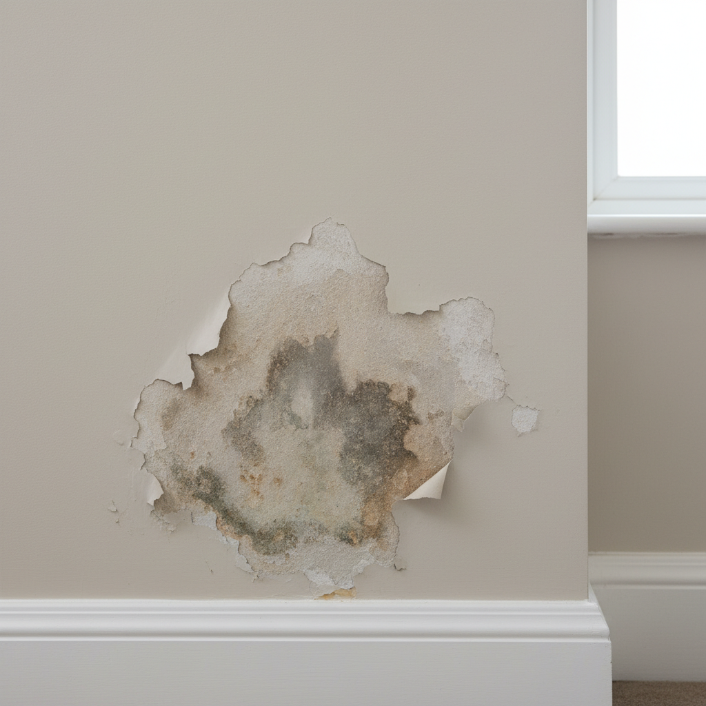 Εικόνα ενός τοίχου με σημάδια υγρασίας, ξεφλουδισμένο χρώμα και μούχλα, που απεικονίζει τις αιτίες υγρασίας στον τοίχο και την ανάγκη για διάγνωση και αντιμετώπιση.